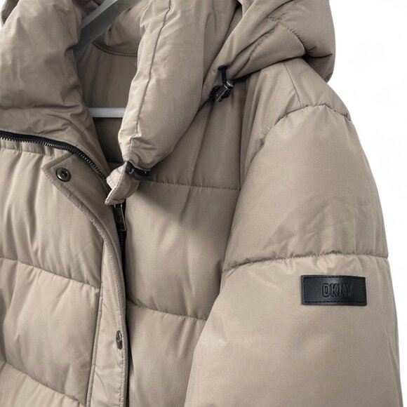DKNY Long Hooded Puffer Winter Coat Jacket Parka Women's XL Beige Removable Hood - Picture 5 of 11